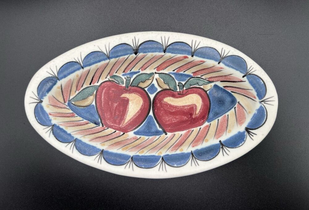 Art Pottery Oval Trinket Dish Side Plate Hand Painted w Apples 7” Vintage Signed
